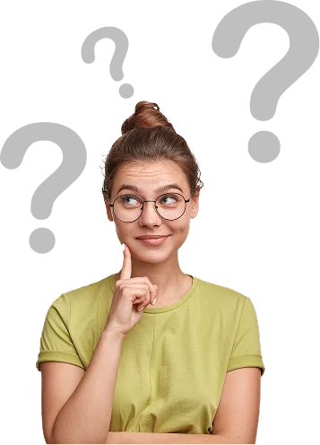Woman with question marks on her forehead, representing inquiries in the FAQ area of the Rankupper.